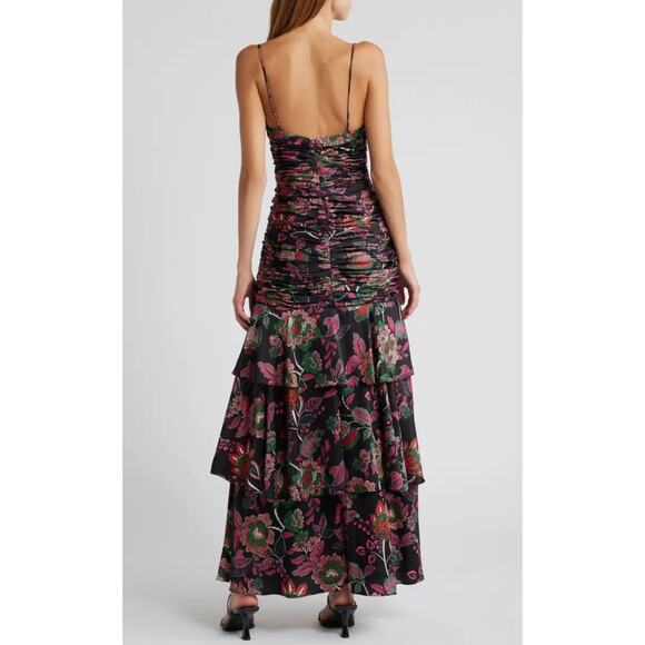 Hutch Tisha Ruched Maxi Dress Black Floral Multi Size 10 NWT Tiered Skirt w Slit - Picture 9 of 16